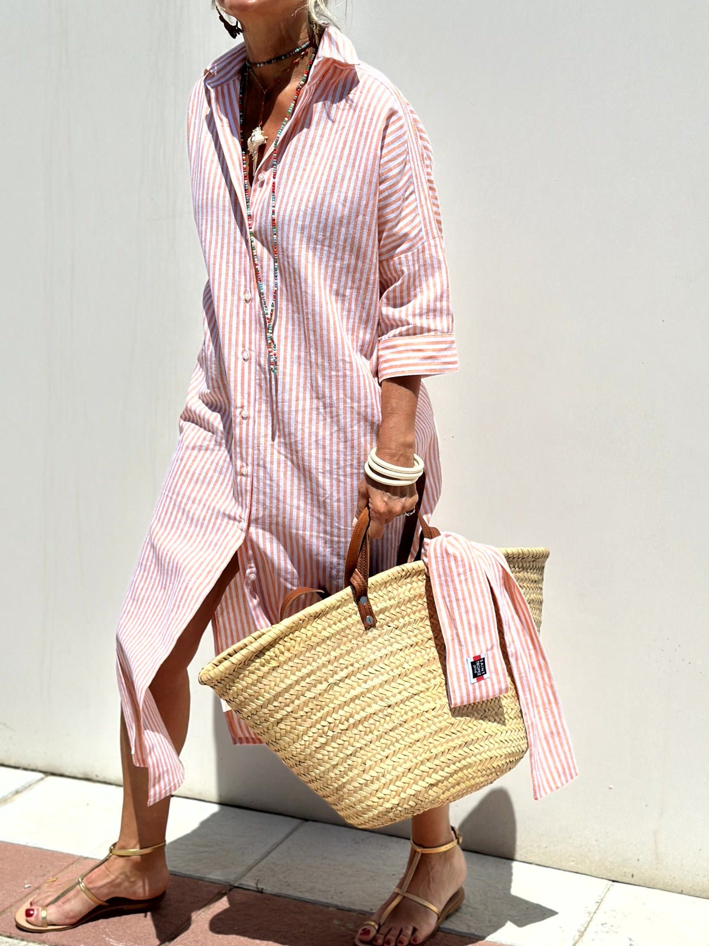 Women's Striped Cardigan Lapel Shirt Dress