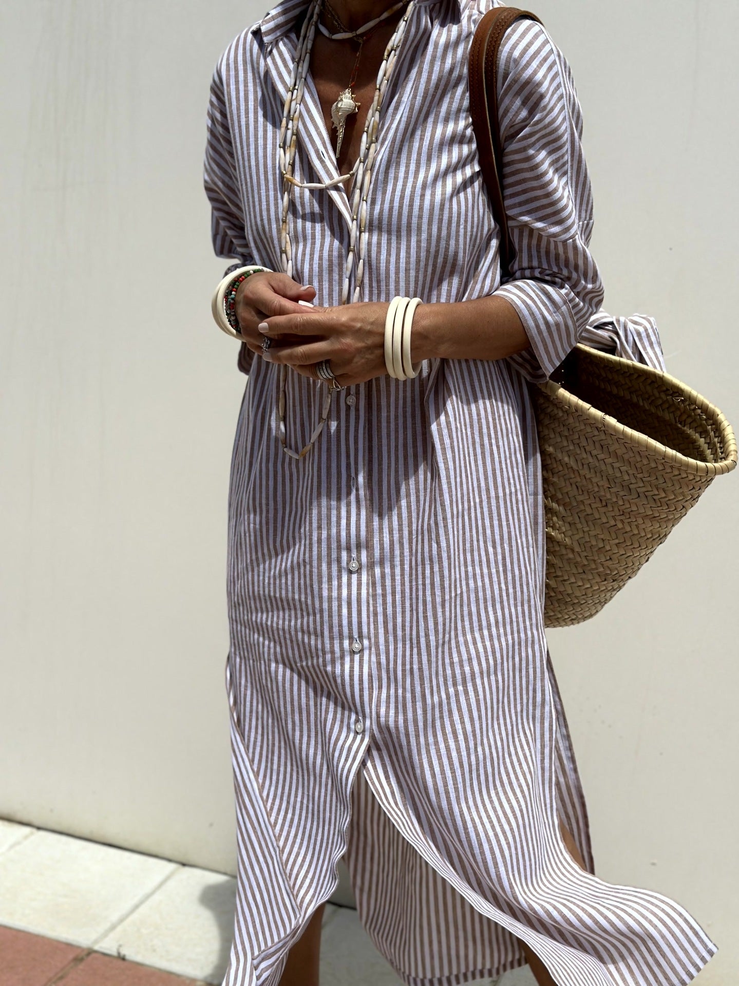 Women's Striped Cardigan Lapel Shirt Dress
