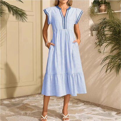 Women's Striped Double Ruffle Short-Sleeve Color-Block V-Neck Dress