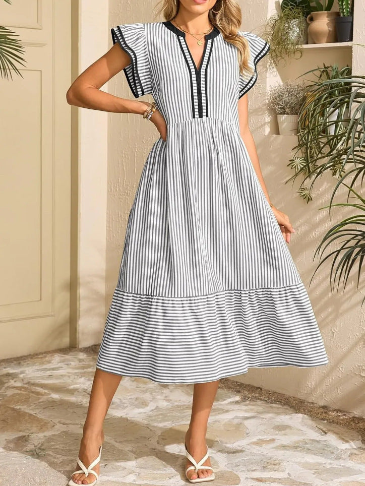 Women's Striped Double Ruffle Short-Sleeve Color-Block V-Neck Dress
