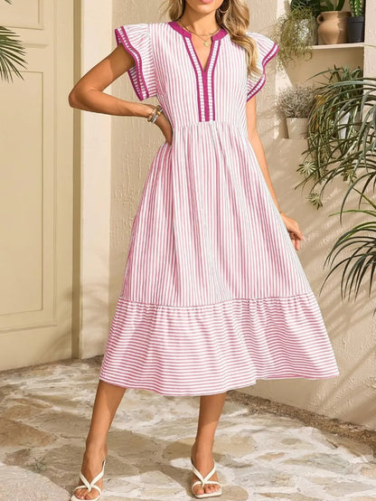 Women's Striped Double Ruffle Short-Sleeve Color-Block V-Neck Dress
