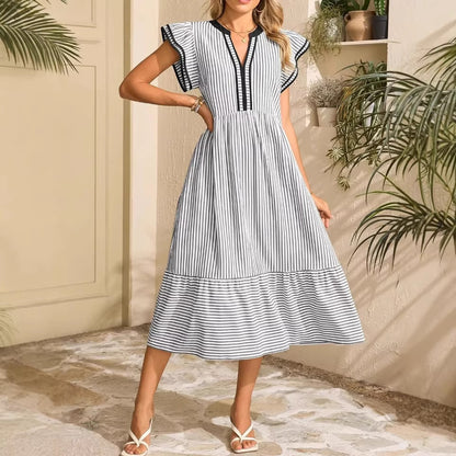 Women's Striped Double Ruffle Short-Sleeve Color-Block V-Neck Dress