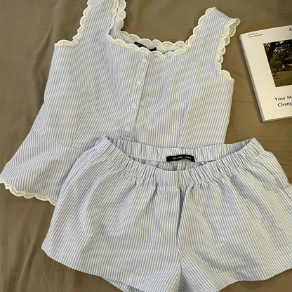 Women's Striped Lace Collar Pajama Set Summer Home Wear