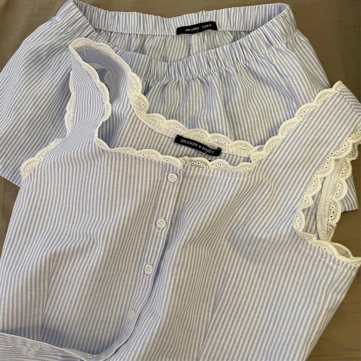 Women's Striped Lace Collar Pajama Set Summer Home Wear