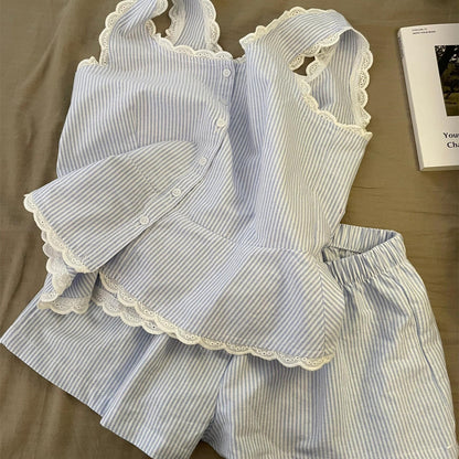 Women's Striped Lace Collar Pajama Set Summer Home Wear