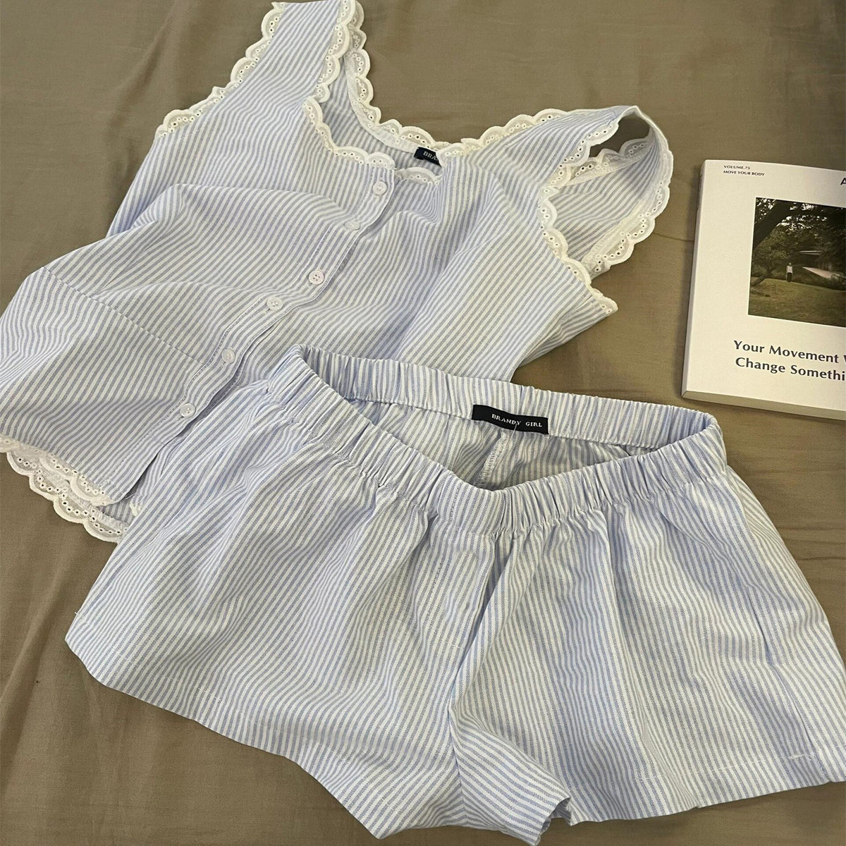 Women's Striped Lace Collar Pajama Set Summer Home Wear