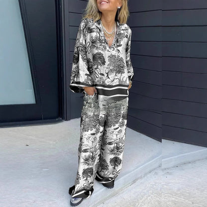 Women's Striped Long Sleeve Shirt and Wide Leg Pants Set