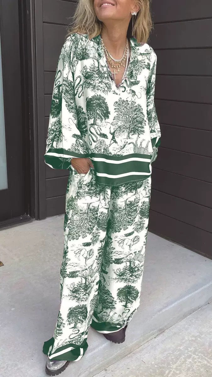 Women's Striped Long Sleeve Shirt and Wide Leg Pants Set