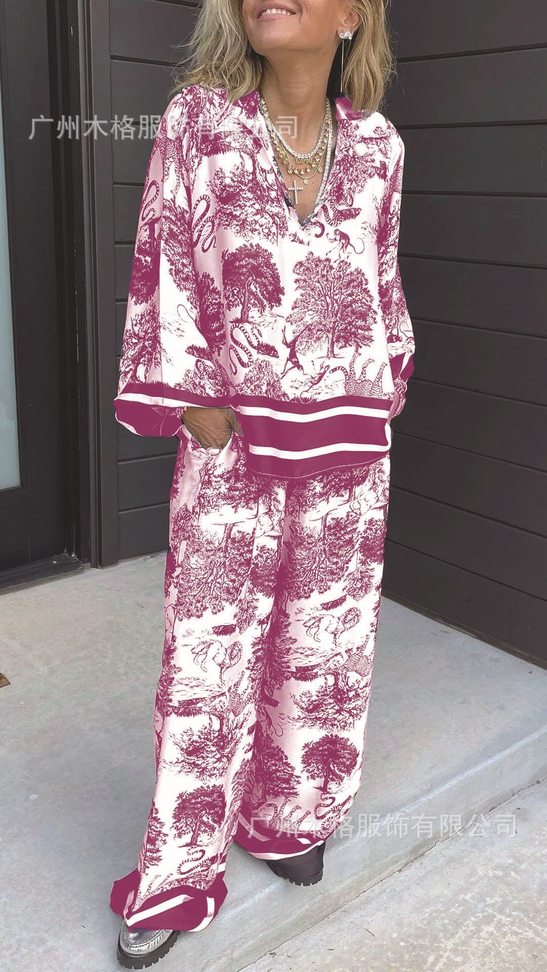 Women's Striped Long Sleeve Shirt and Wide Leg Pants Set
