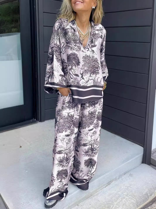 Women's Striped Long Sleeve Shirt and Wide Leg Pants Set