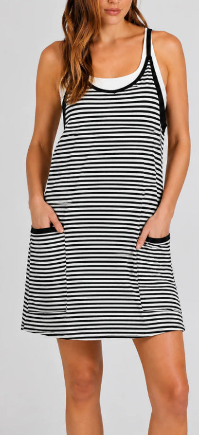 Women's Striped Sleeveless Dress with Built-in Undershirt