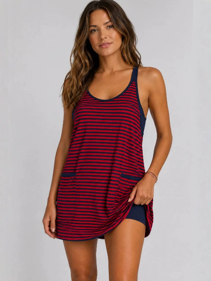 Women's Striped Sleeveless Dress with Built-in Undershirt