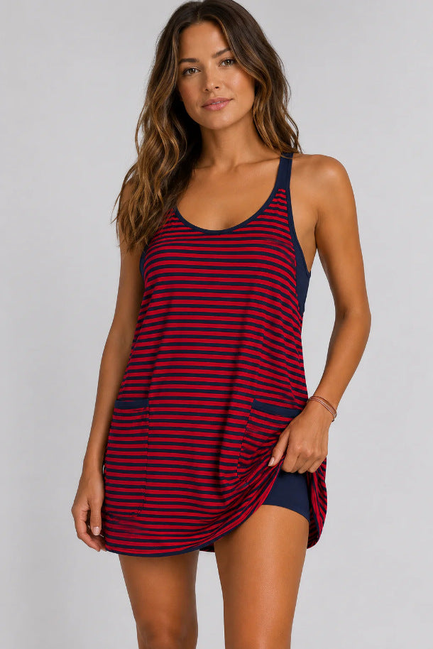 Women's Striped Sleeveless Dress with Built-in Undershirt