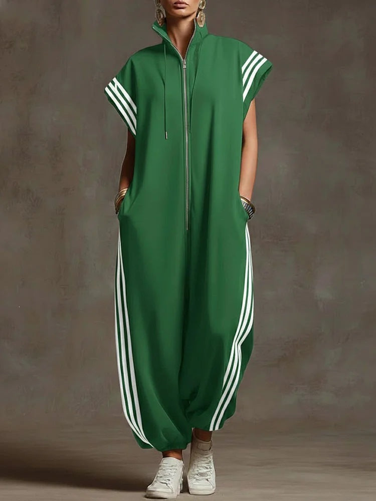 Women's Striped Stand Collar Jumpsuit