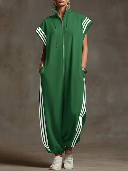 Women's Striped Stand Collar Jumpsuit
