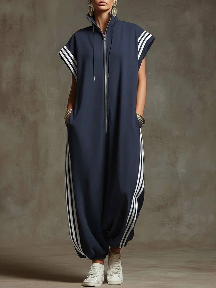 Women's Striped Stand Collar Jumpsuit
