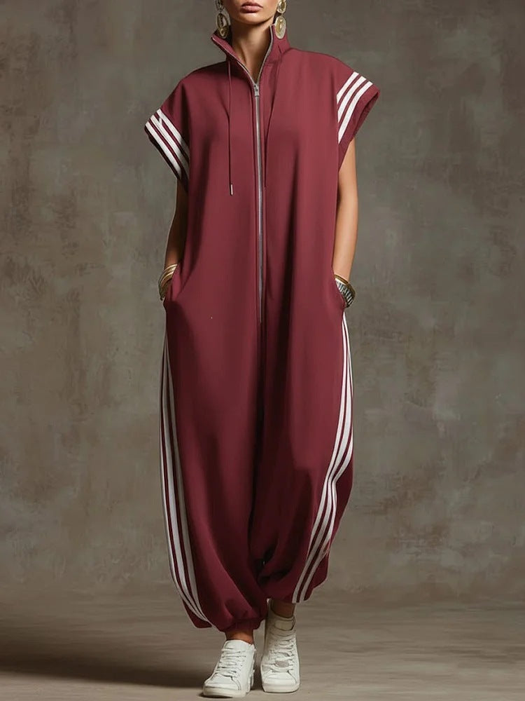 Women's Striped Stand Collar Jumpsuit