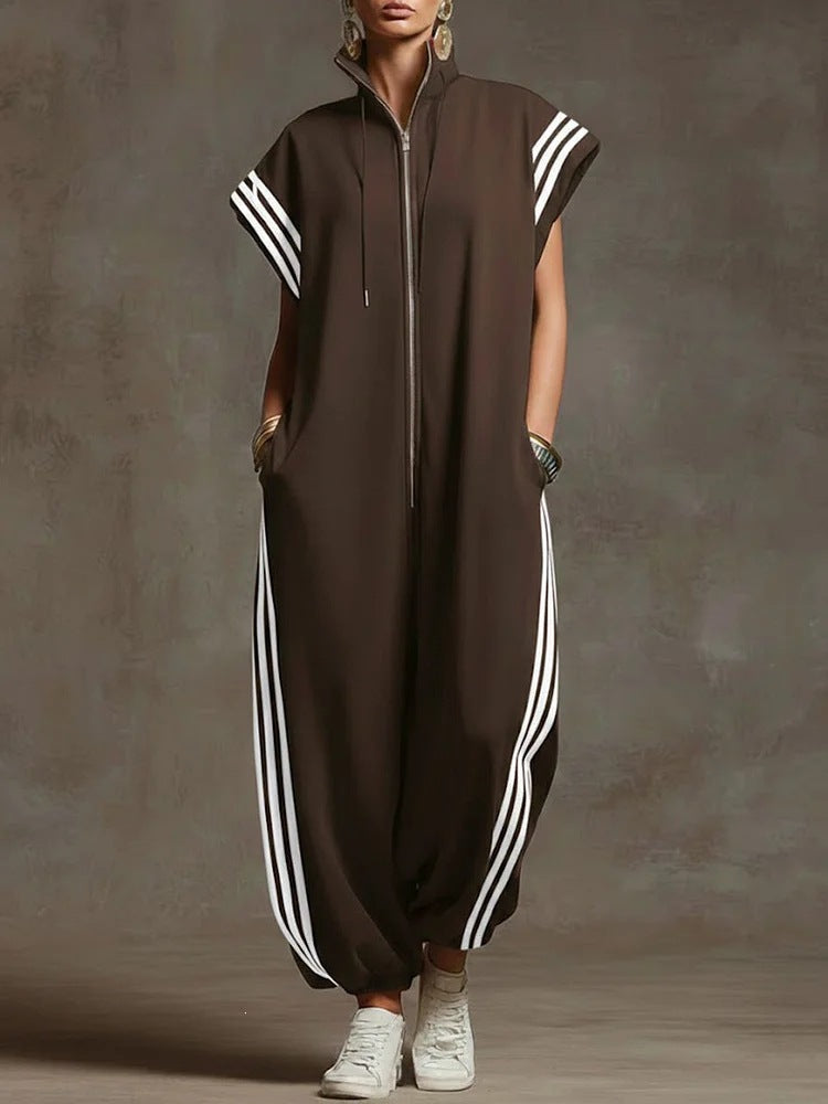 Women's Striped Stand Collar Jumpsuit