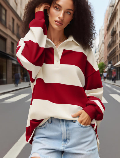 Women's Striped Sweatshirt with Polo Collar