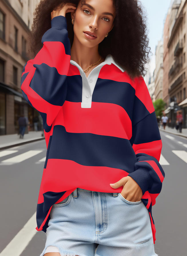Women's Striped Sweatshirt with Polo Collar