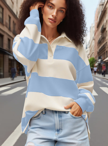 Women's Striped Sweatshirt with Polo Collar