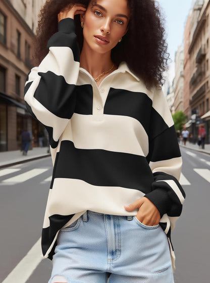 Women's Striped Sweatshirt with Polo Collar