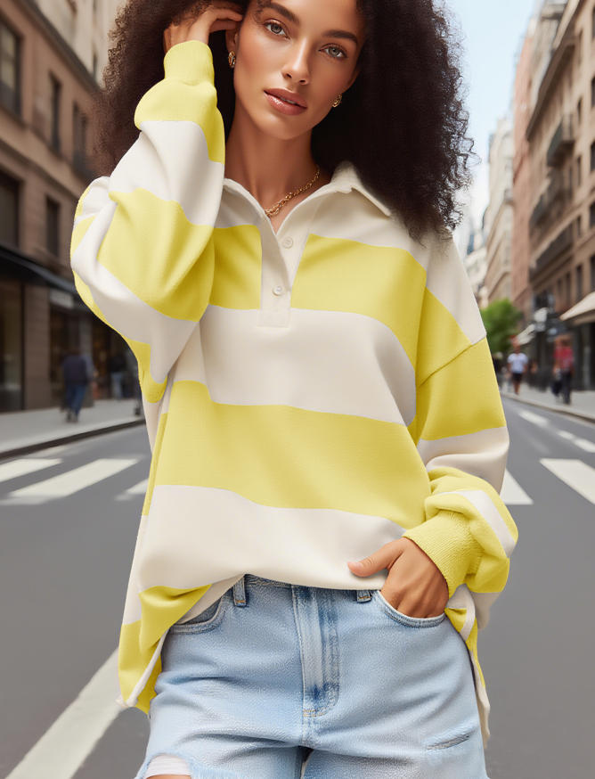 Women's Striped Sweatshirt with Polo Collar