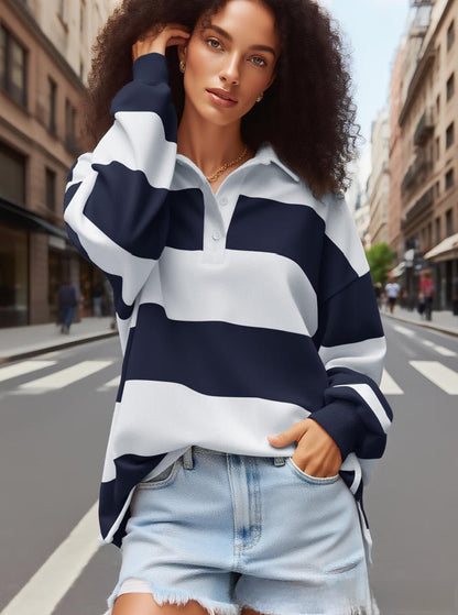 Women's Striped Sweatshirt with Polo Collar