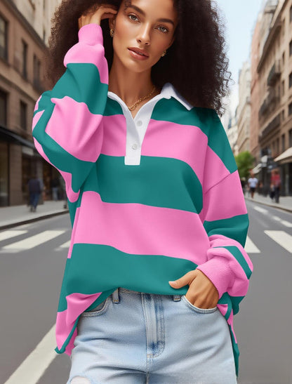 Women's Striped Sweatshirt with Polo Collar