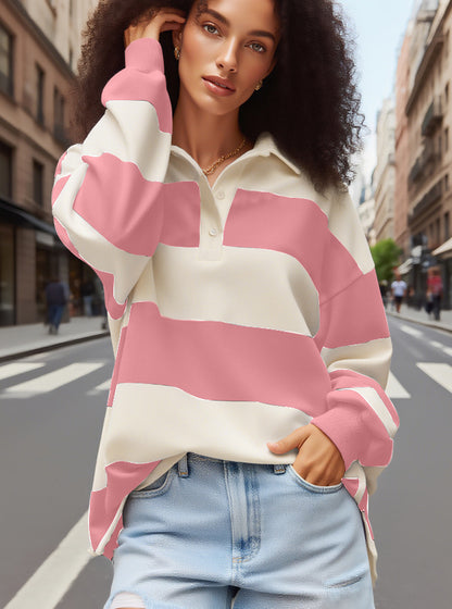 Women's Striped Sweatshirt with Polo Collar