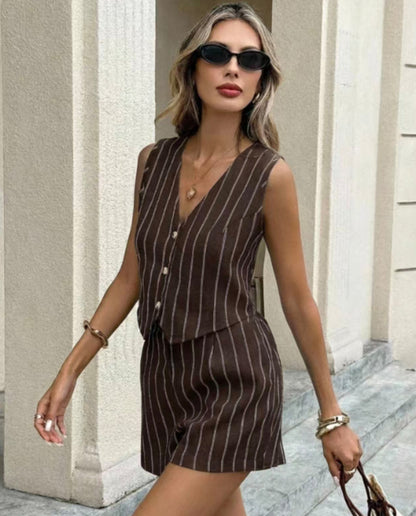 Women's Striped V-Neck Sleeveless Shorts Set