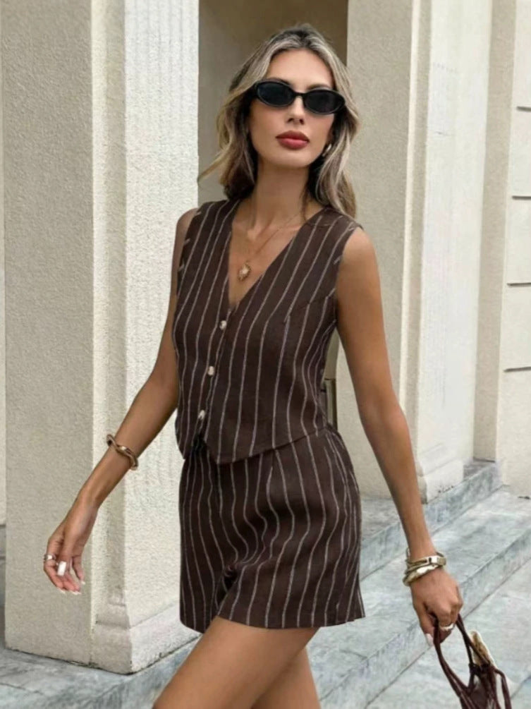 Women's Striped V-Neck Sleeveless Shorts Set