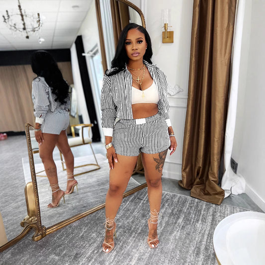 Women's Stylish Lapel Striped Long Sleeve Shirt and Shorts Suit
