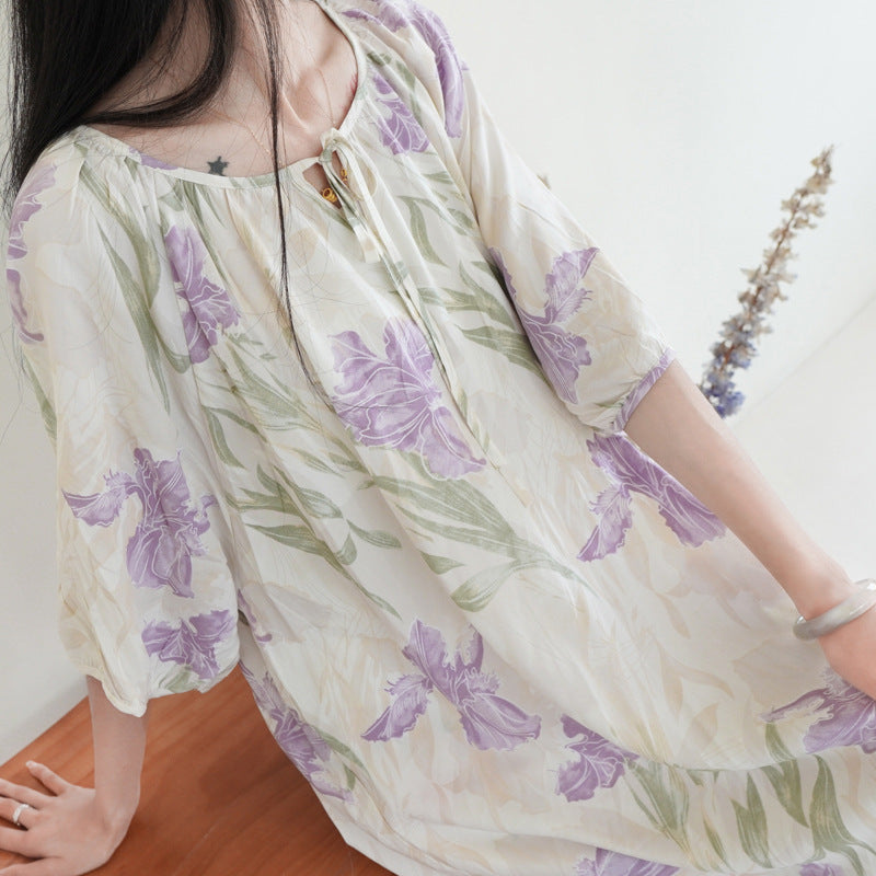 Women's Summer Cotton Silk Nightgown Dress with Belt, Korean Style