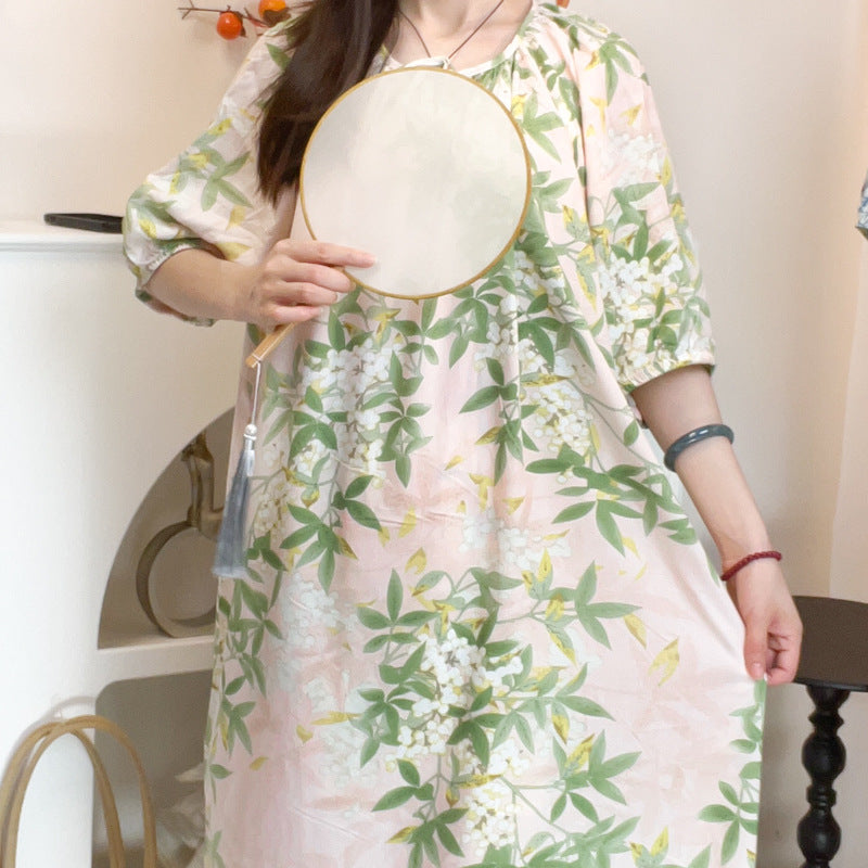 Women's Summer Cotton Silk Nightgown Dress with Belt, Korean Style
