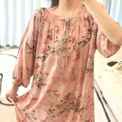 Women's Summer Cotton Silk Nightgown Dress with Belt, Korean Style