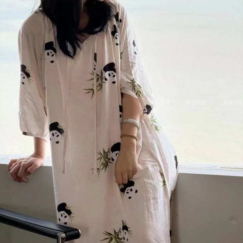 Women's Summer Cotton Silk Nightgown Dress with Belt, Korean Style