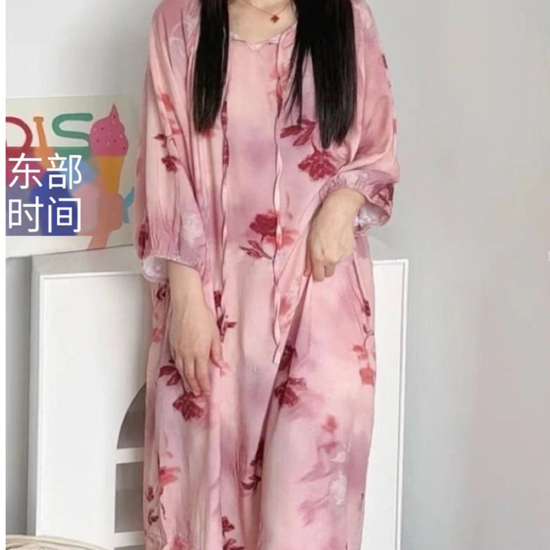 Women's Summer Cotton Silk Nightgown Dress with Belt, Korean Style