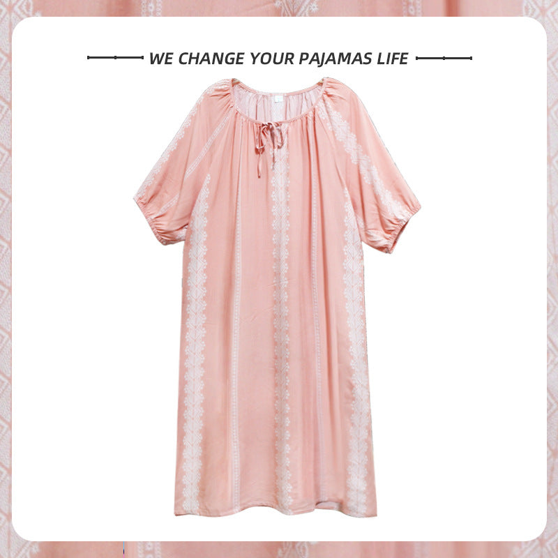 Women's Summer Cotton Silk Nightgown Dress with Belt, Korean Style