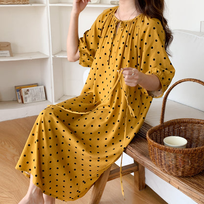 Women's Summer Cotton Silk Nightgown Dress with Belt, Korean Style