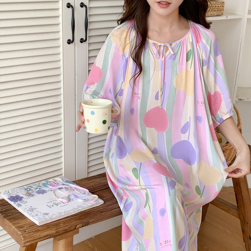 Women's Summer Cotton Silk Nightgown Dress with Belt, Korean Style