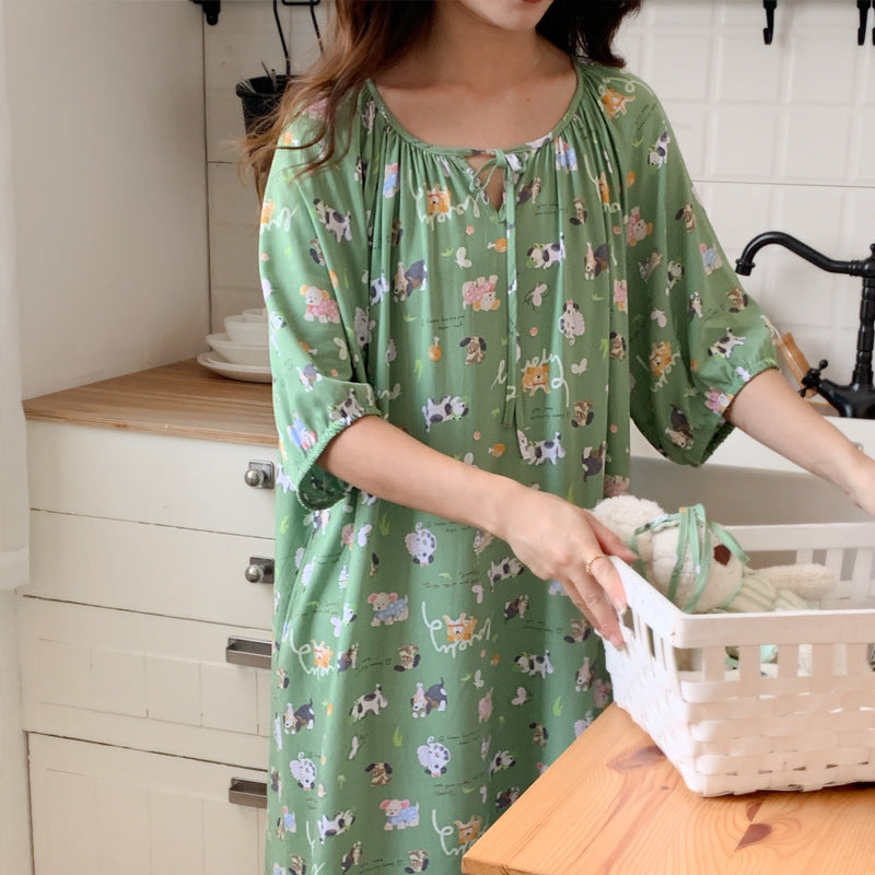 Women's Summer Cotton Silk Nightgown Dress with Belt, Korean Style