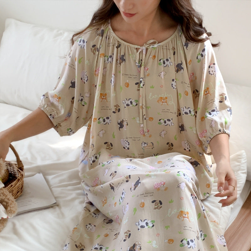 Women's Summer Cotton Silk Nightgown Dress with Belt, Korean Style