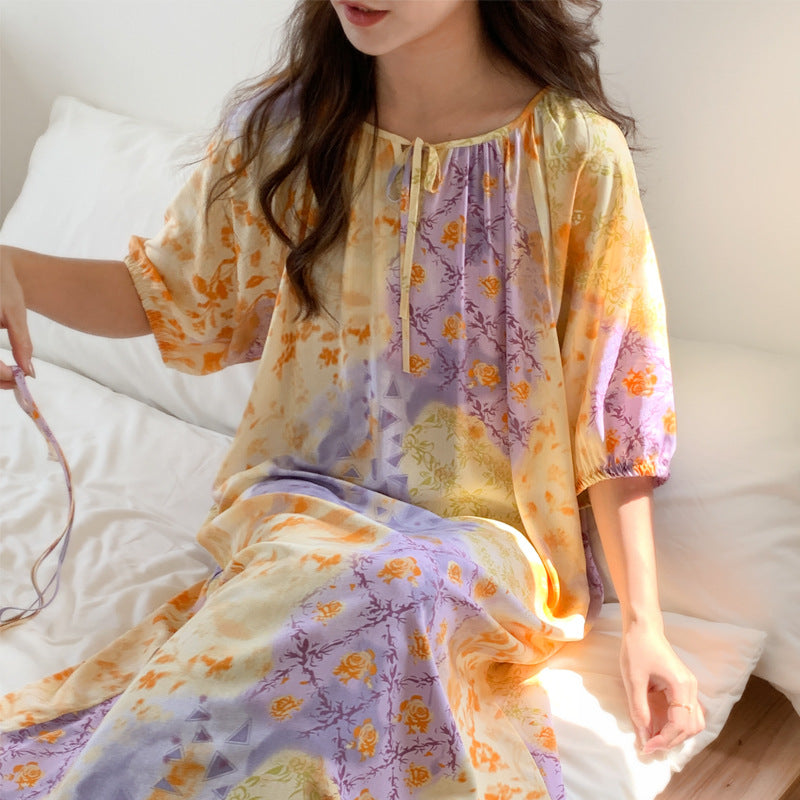 Women's Summer Cotton Silk Nightgown Dress with Belt, Korean Style