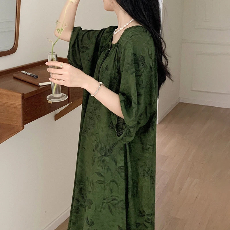 Women's Summer Cotton Silk Nightgown Dress with Belt, Korean Style