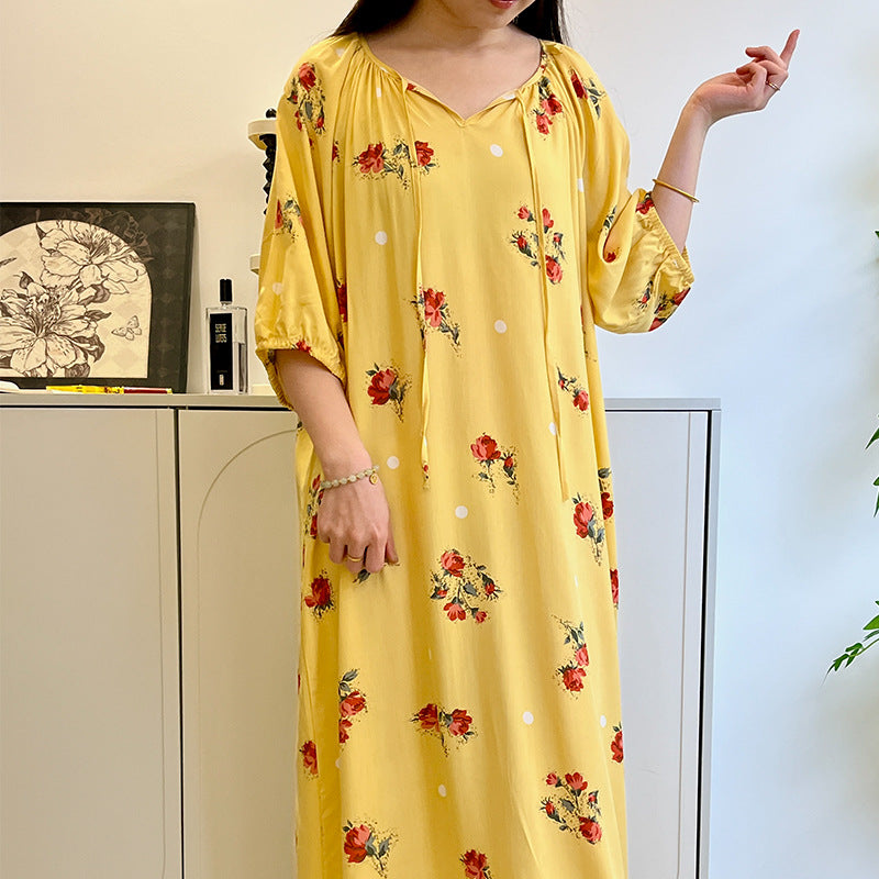 Women's Summer Cotton Silk Nightgown Dress with Belt, Korean Style