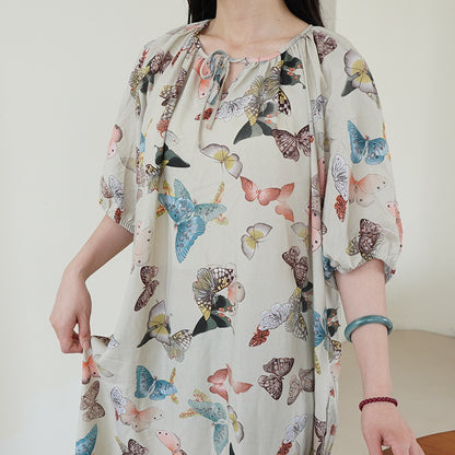 Women's Summer Cotton Silk Nightgown Dress with Belt, Korean Style