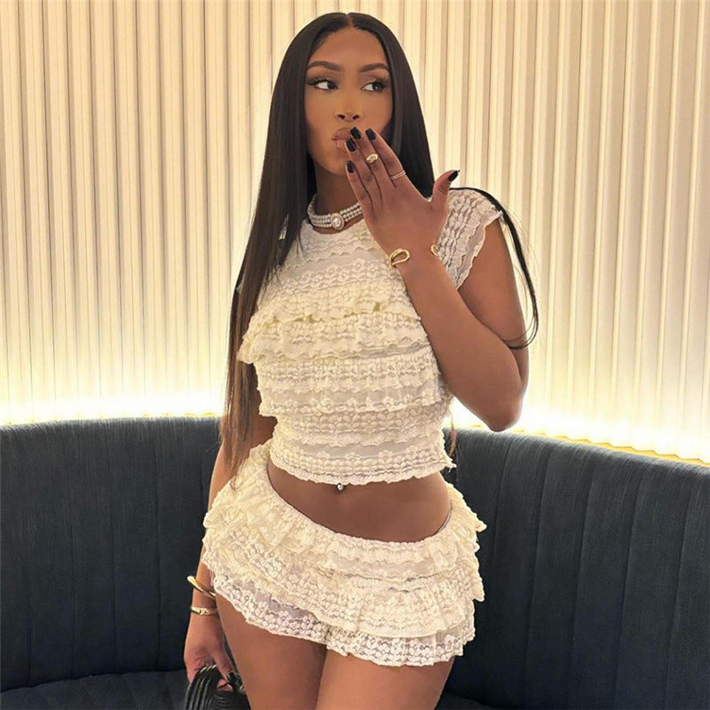 Women's Summer Hollow Pleated Short Skirt Set