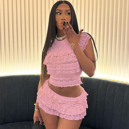 Women's Summer Hollow Pleated Short Skirt Set
