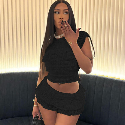 Women's Summer Hollow Pleated Short Skirt Set